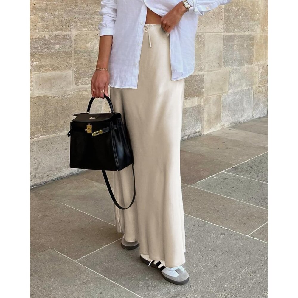 Women's Beige Drawstring Satin High Waist Silk A Line Flowy Long Maxi Skirt - Picture 3 of 6